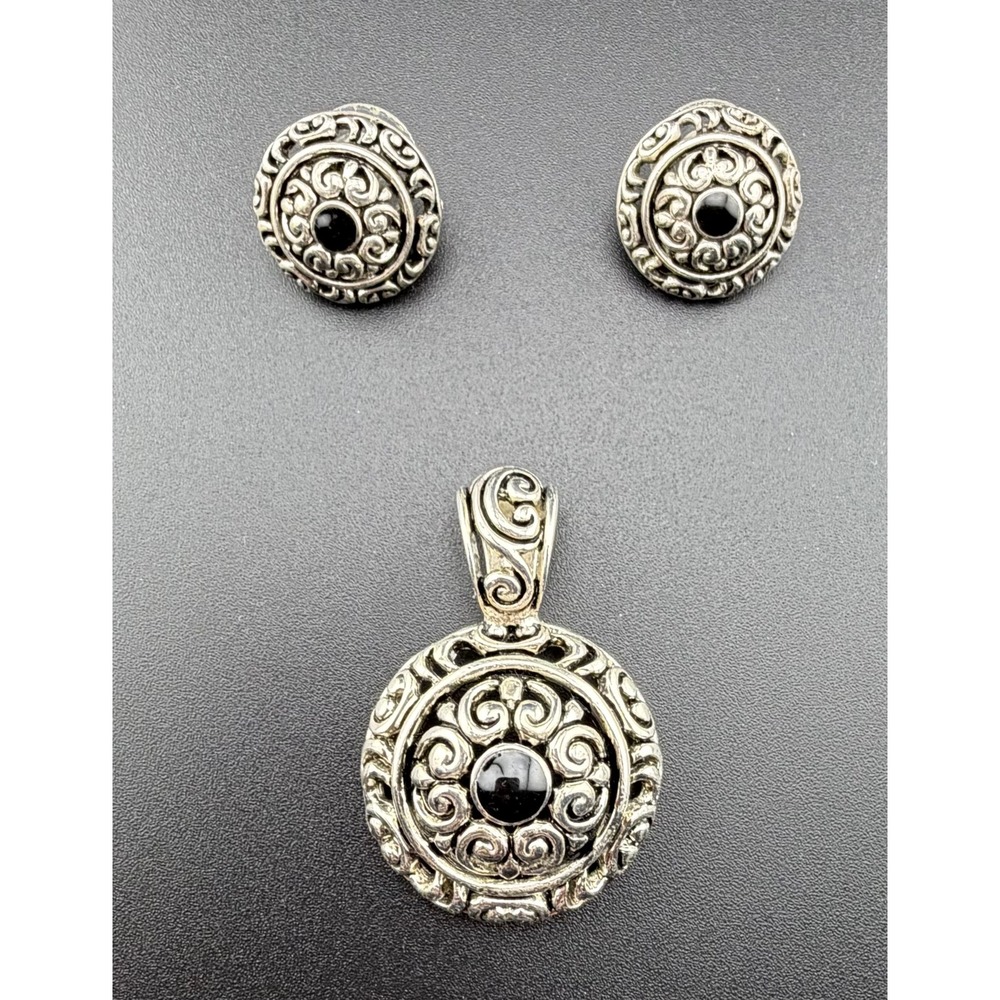 Premier Designs‎ Nora Pendant Earrings Set Silver Black Filigree Bali Scroll